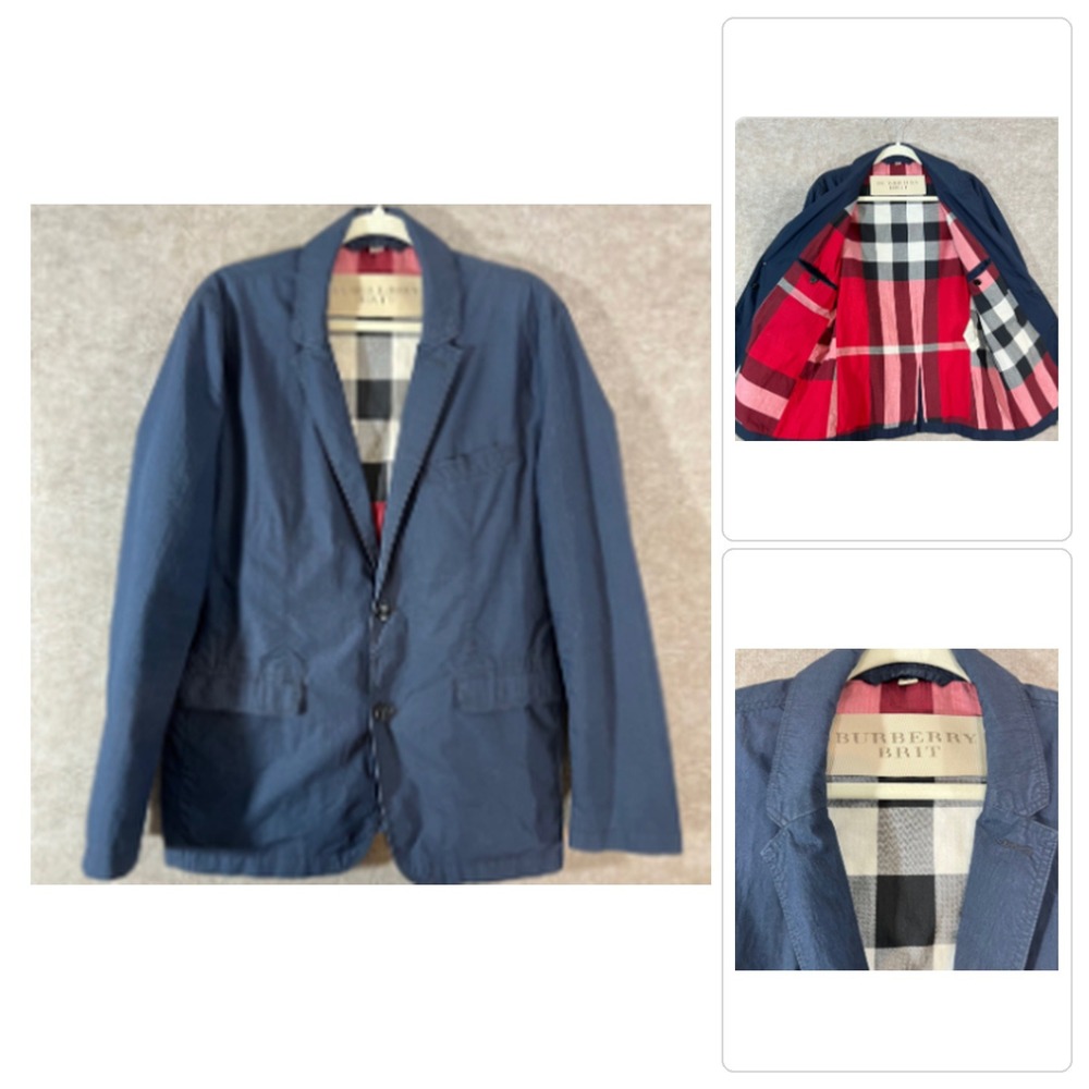 Burberry Brit Blazer Jacket Mens L Navy Blue Cotton Blend Nova Check Preppy